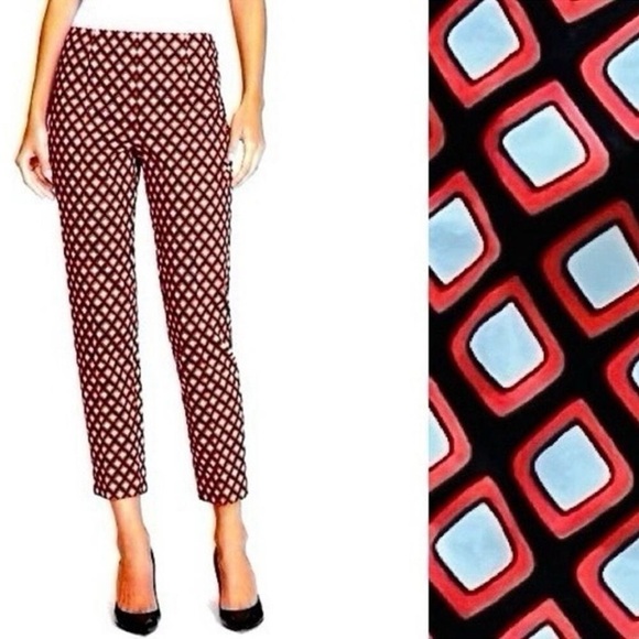 St. John Collection Red Blue Lattice Geometric Print Skinny Leg Ankle Pants 2 - Picture 1 of 15